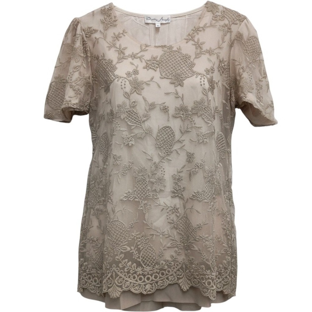 Pretty Angel Tunic Top Womens L Beige Embroidered Mesh Linen Blend Boho Fairy
